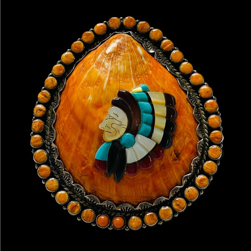 Vintage Native American Style SS & Spiny Oyster Pendant With Multi-Stone Inlay